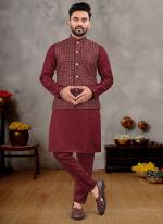 Banglori Silk Maroon Ceremonial Wear Sequins Work Readymade Modi Jacket Kurta Pajama